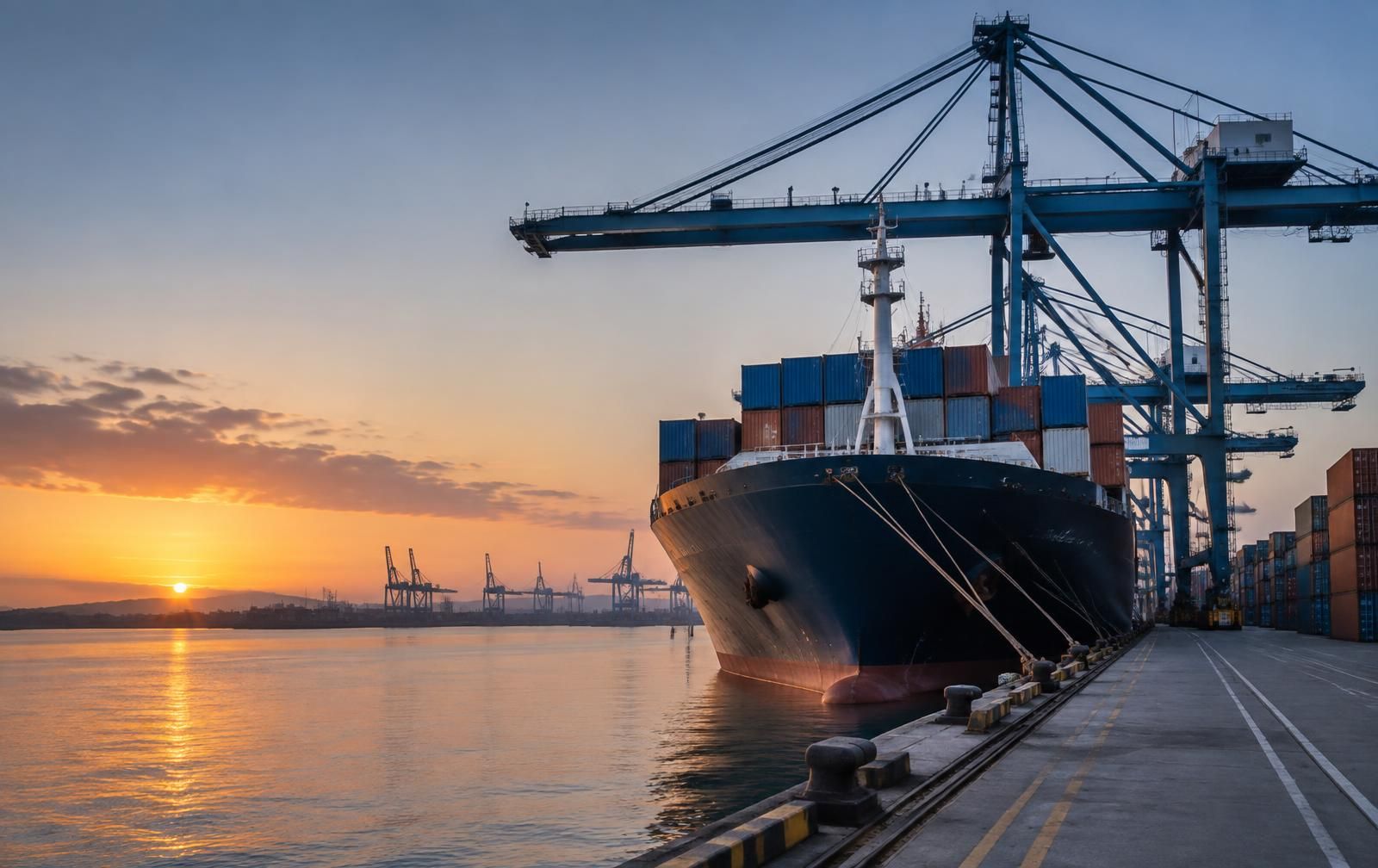 Cargo containers moving through an international port