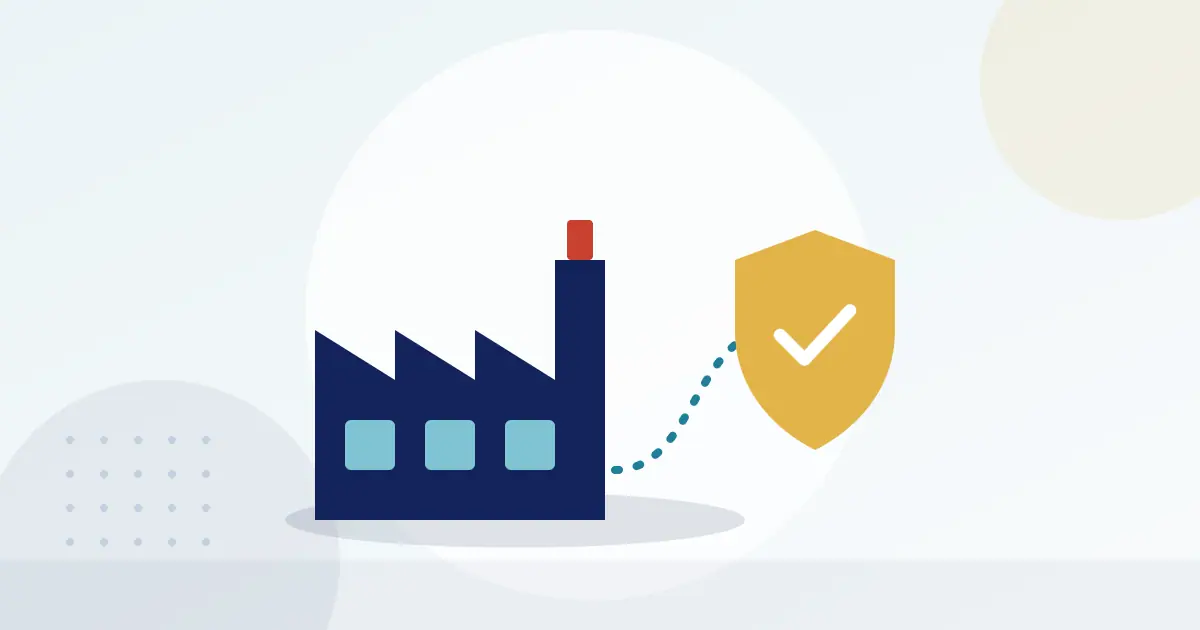 Illustration of a factory linked by a dotted route to a shield with a tick