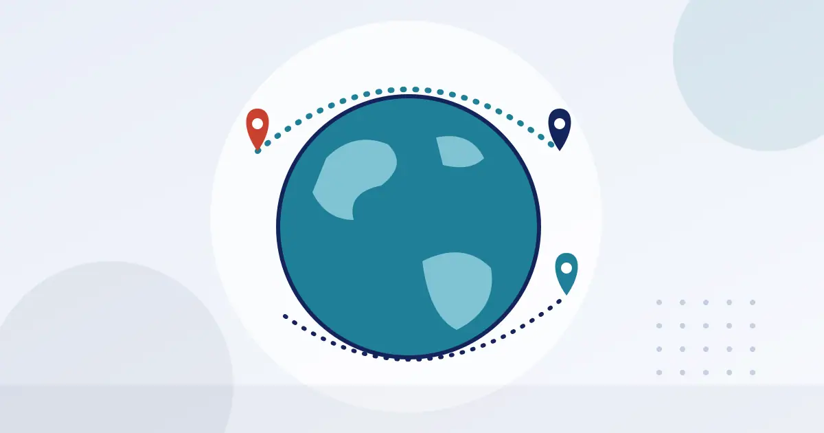 Illustration of a globe with map pins joined by dotted trade routes