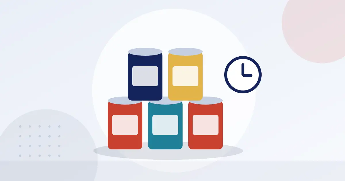 Illustration of stacked food cans beside a clock