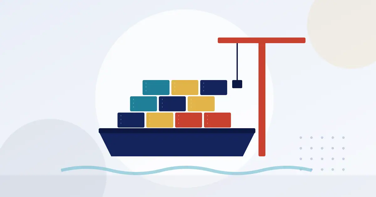 Illustration of a cargo ship loaded with shipping containers beside a port crane