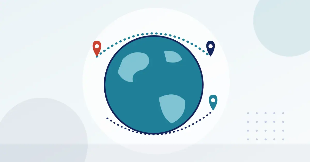 Illustration of a globe with map pins joined by dotted trade routes