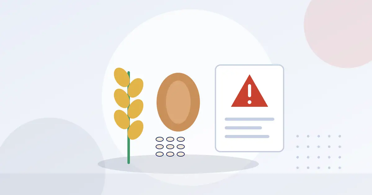 Illustration of wheat, a nut and seeds beside a label with a warning symbol