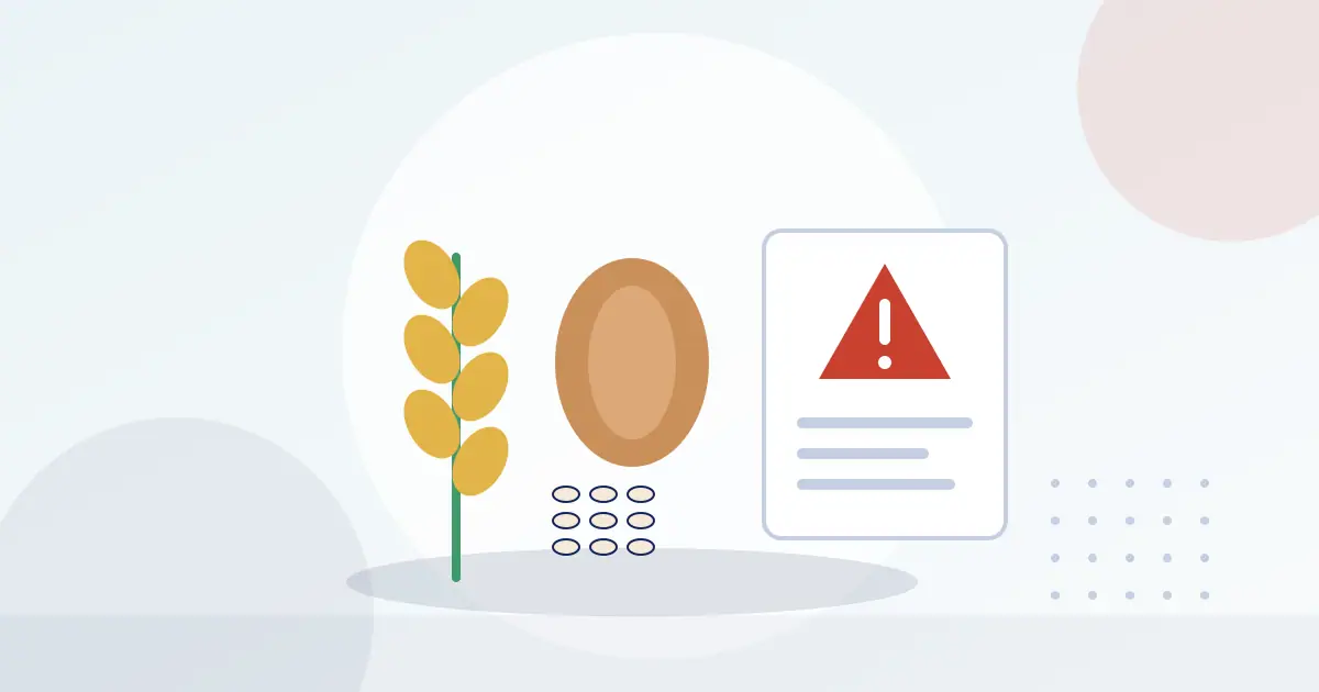 Illustration of wheat, a nut and seeds beside a label with a warning symbol