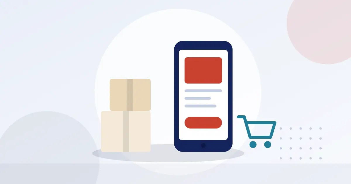 Illustration of parcels, a smartphone shopping screen and a shopping trolley