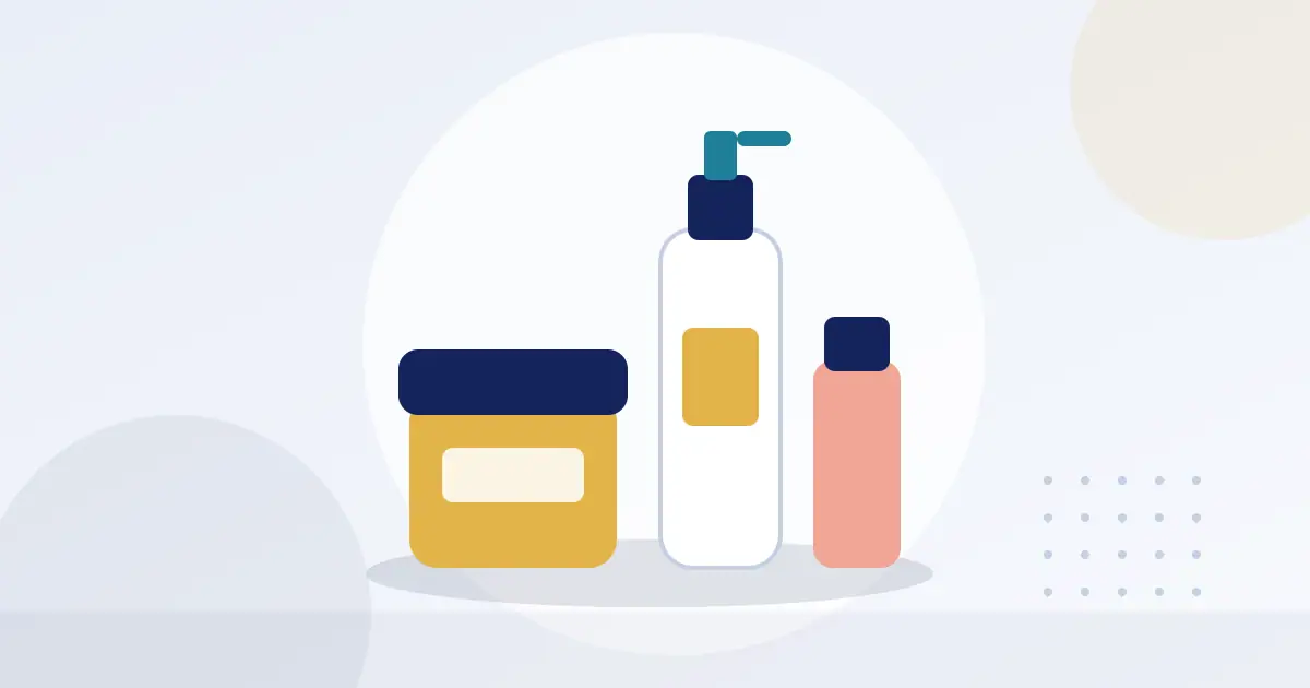Illustration of cosmetic jars, a pump bottle and a tube