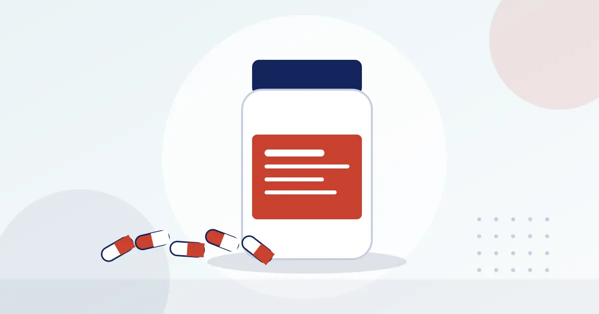 Illustration of a supplement bottle with capsules in front