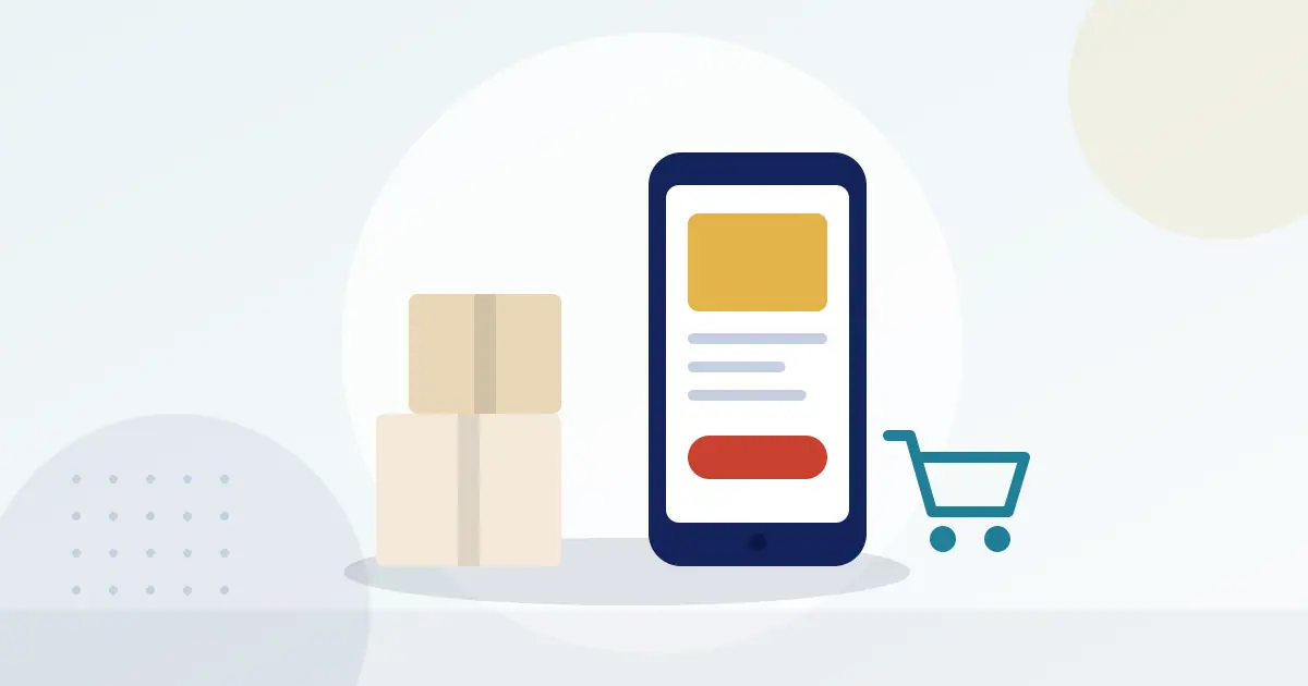 Illustration of parcels, a smartphone shopping screen and a shopping trolley