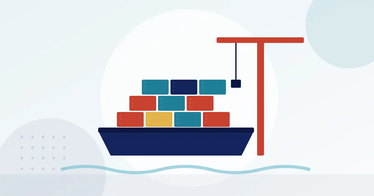 Illustration of a cargo ship loaded with shipping containers beside a port crane
