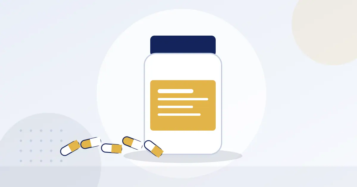 Illustration of a supplement bottle with capsules in front
