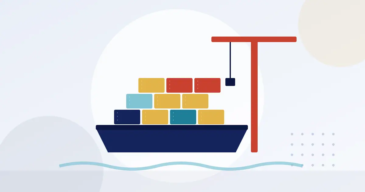 Illustration of a cargo ship loaded with shipping containers beside a port crane
