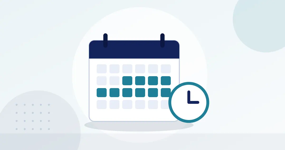 Illustration of a calendar with a highlighted date range and a clock