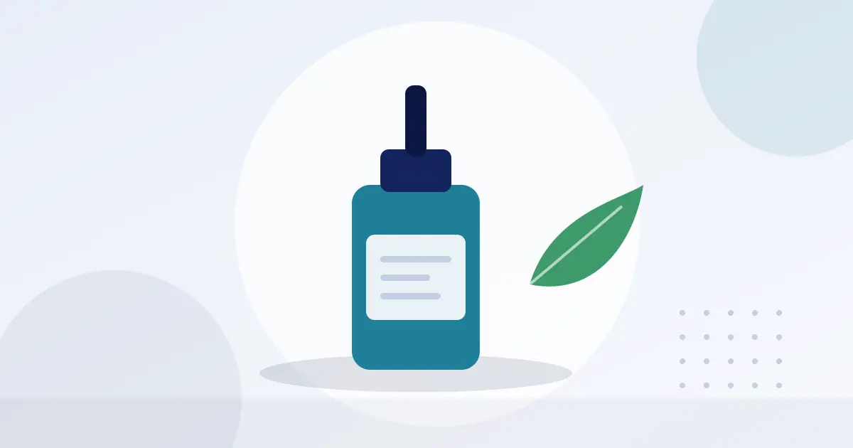 Illustration of a dropper bottle next to a green leaf