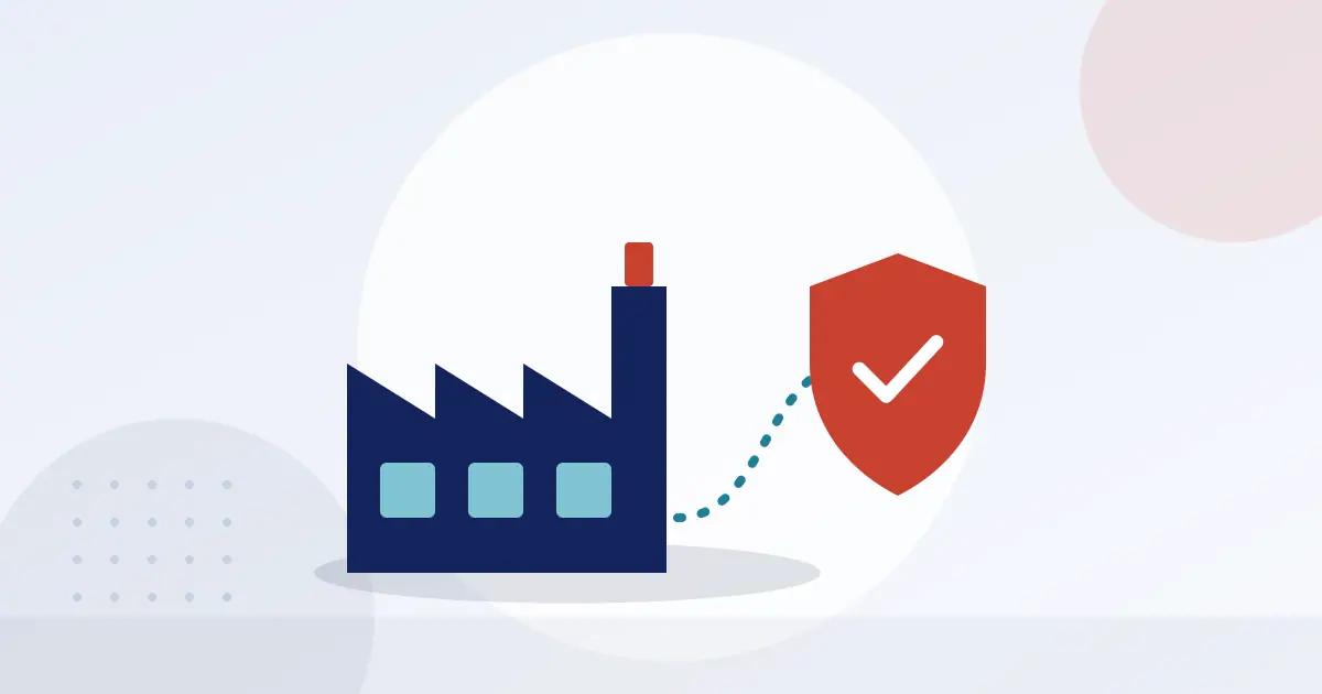 Illustration of a factory linked by a dotted route to a shield with a tick