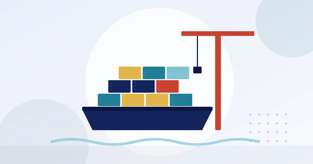 Illustration of a cargo ship loaded with shipping containers beside a port crane
