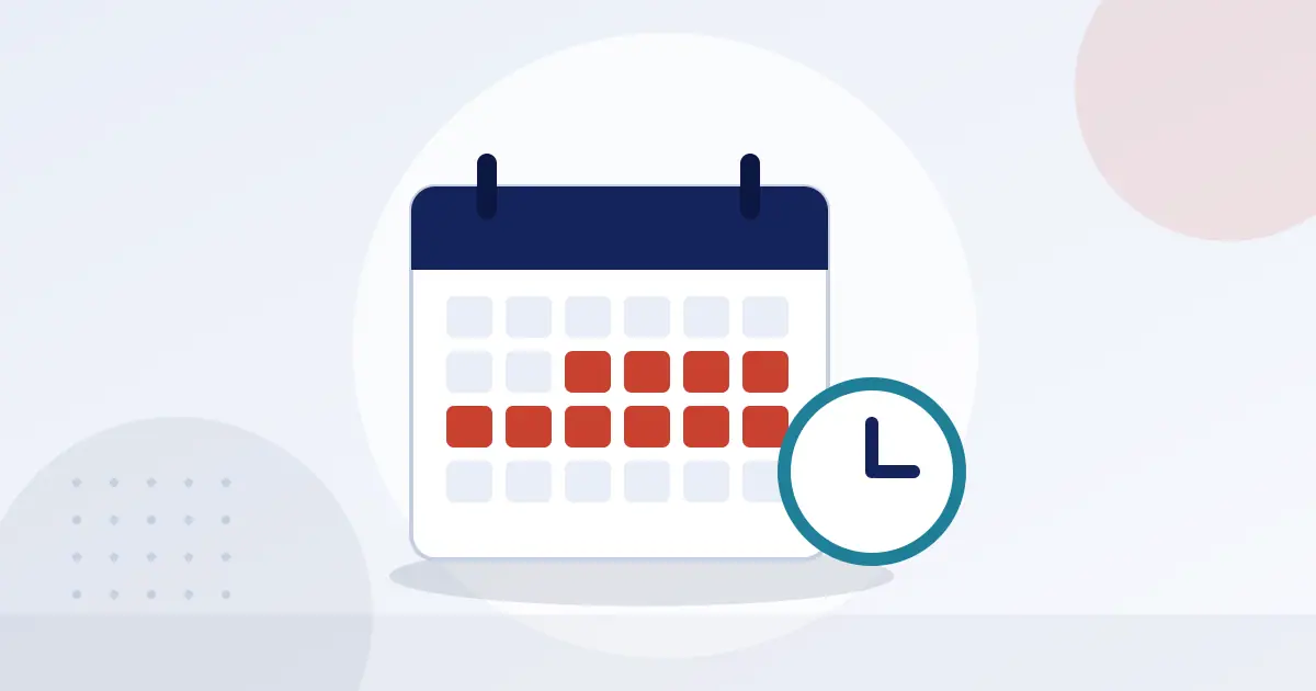 Illustration of a calendar with a highlighted date range and a clock