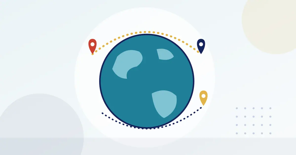 Illustration of a globe with map pins joined by dotted trade routes