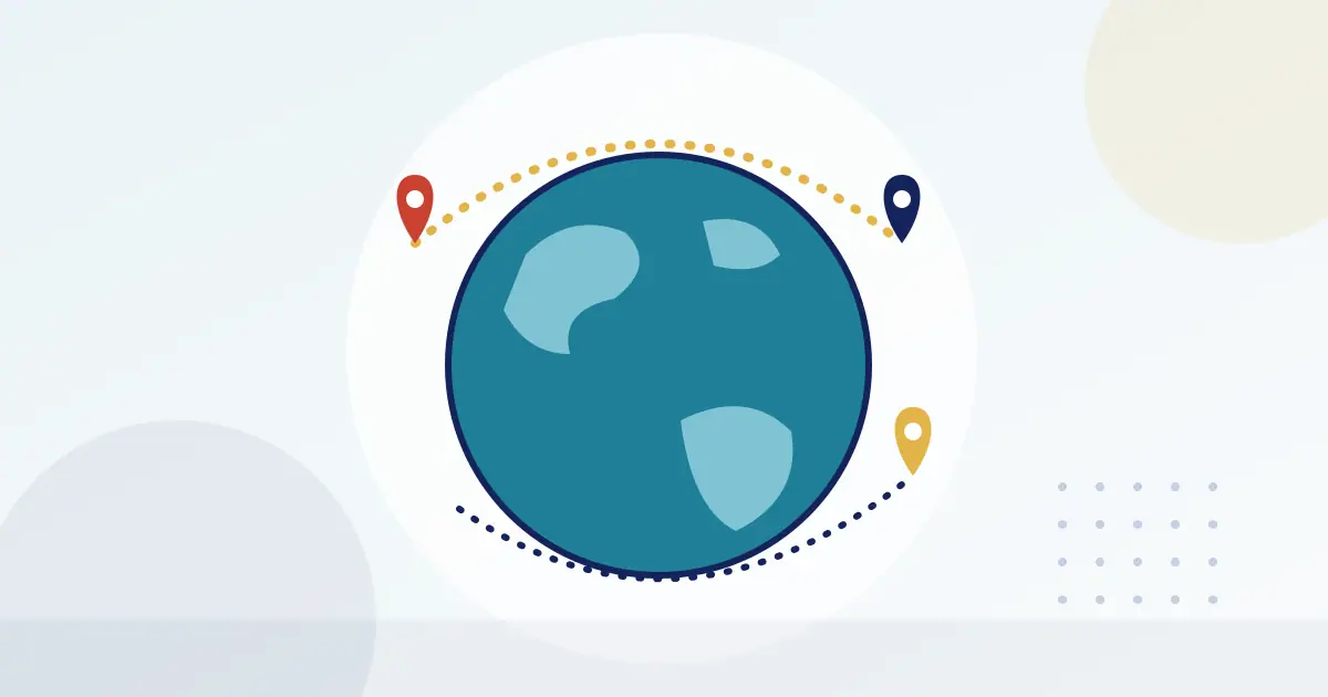 Illustration of a globe with map pins joined by dotted trade routes
