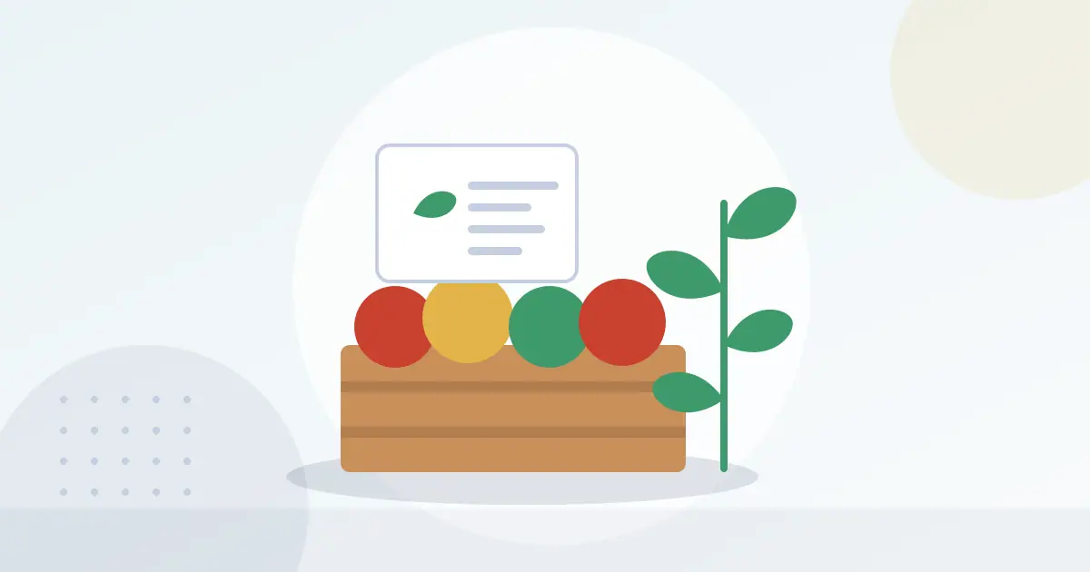 Illustration of a crate of fresh produce, a green sprig and a blank label