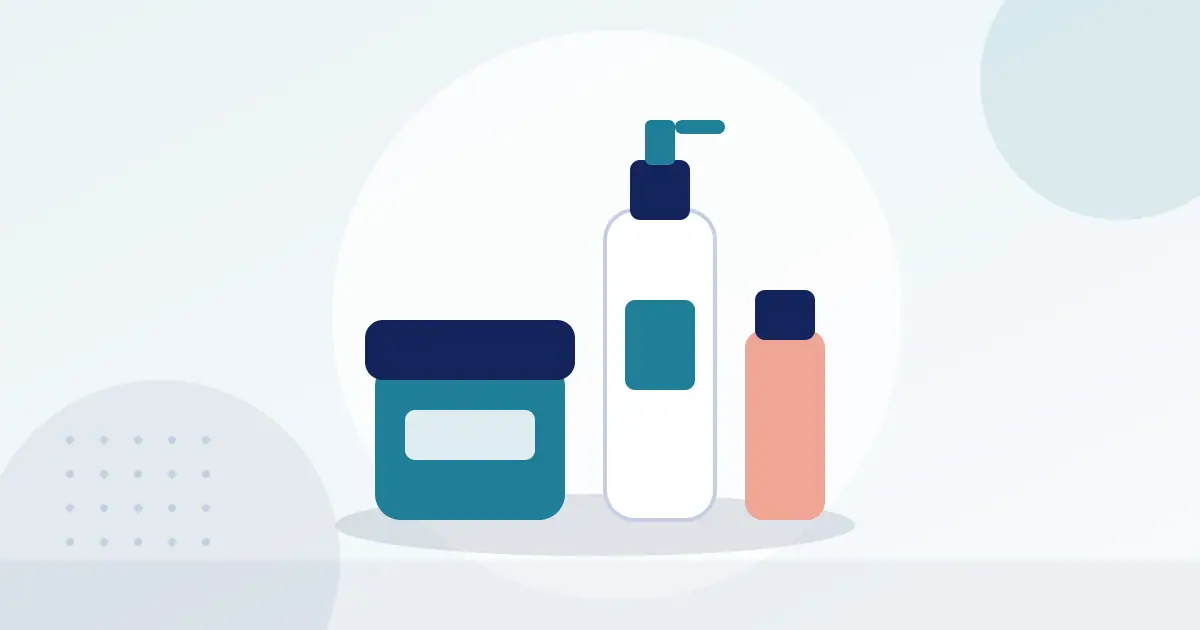 Illustration of cosmetic jars, a pump bottle and a tube