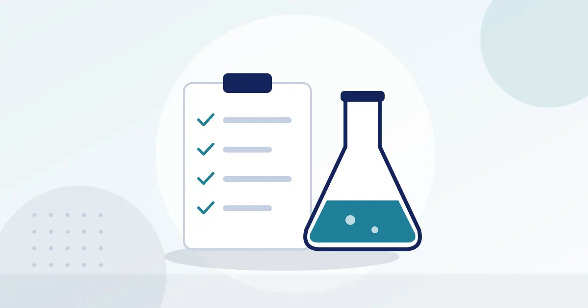 Illustration of a quality checklist next to a laboratory flask