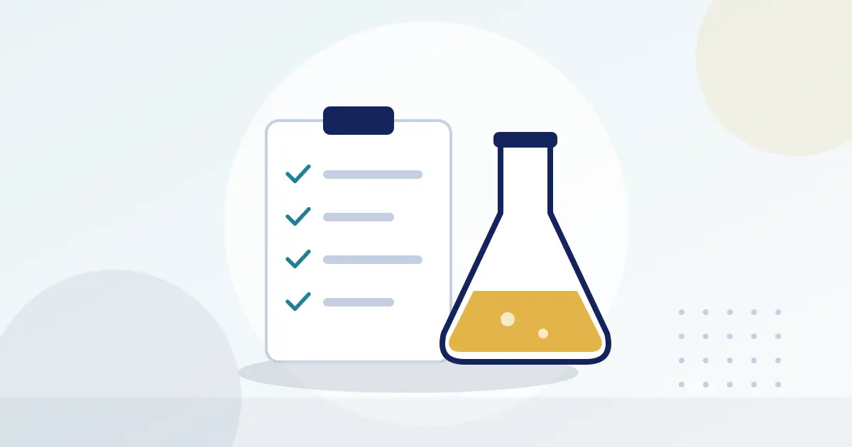 Illustration of a quality checklist next to a laboratory flask