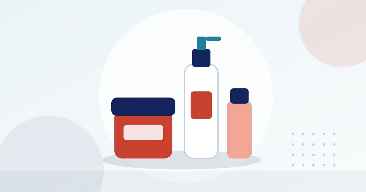 Illustration of cosmetic jars, a pump bottle and a tube