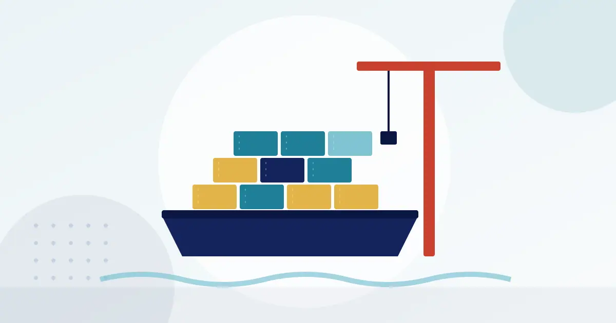 Illustration of a cargo ship loaded with shipping containers beside a port crane