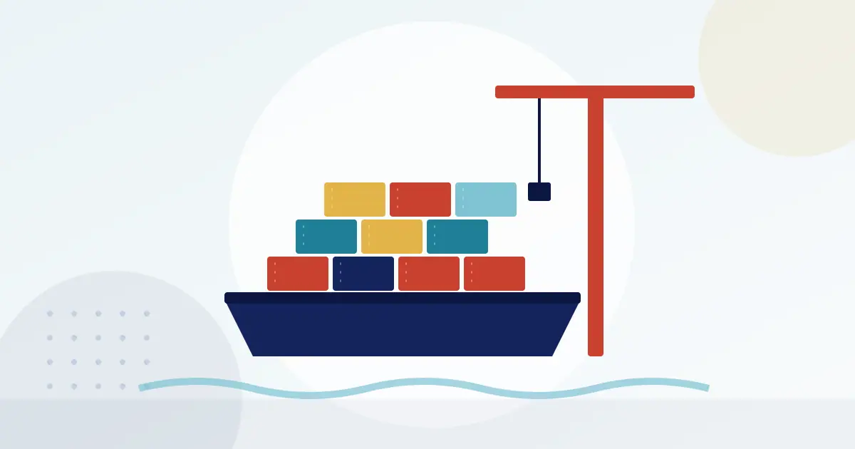 Illustration of a cargo ship loaded with shipping containers beside a port crane