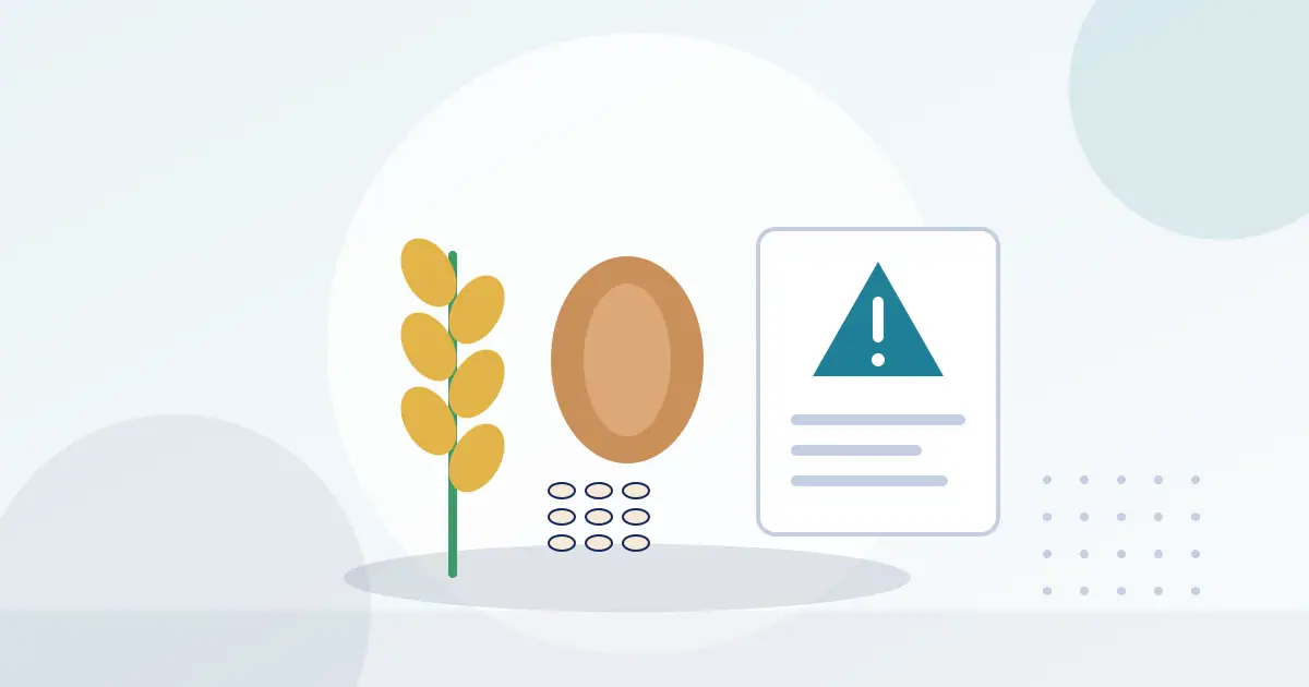 Illustration of wheat, a nut and seeds beside a label with a warning symbol