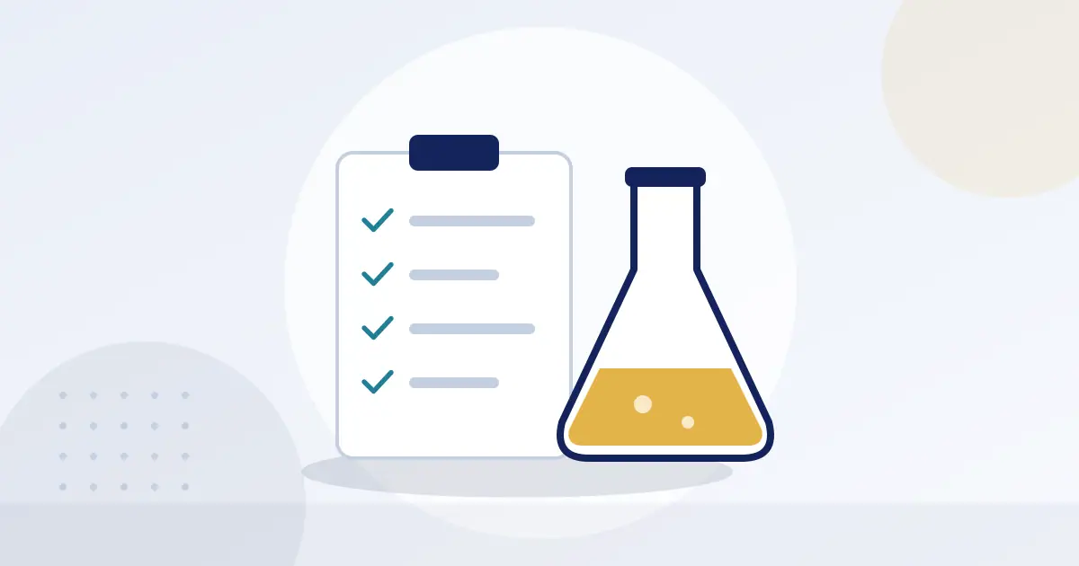 Illustration of a quality checklist next to a laboratory flask