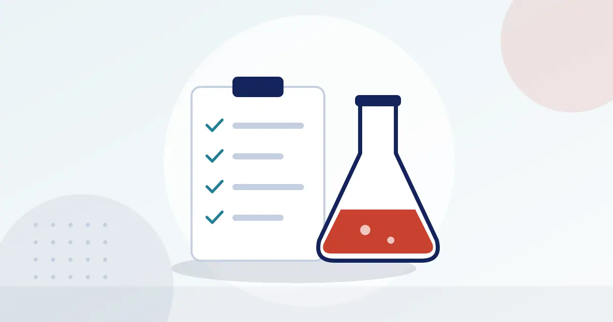 Illustration of a quality checklist next to a laboratory flask