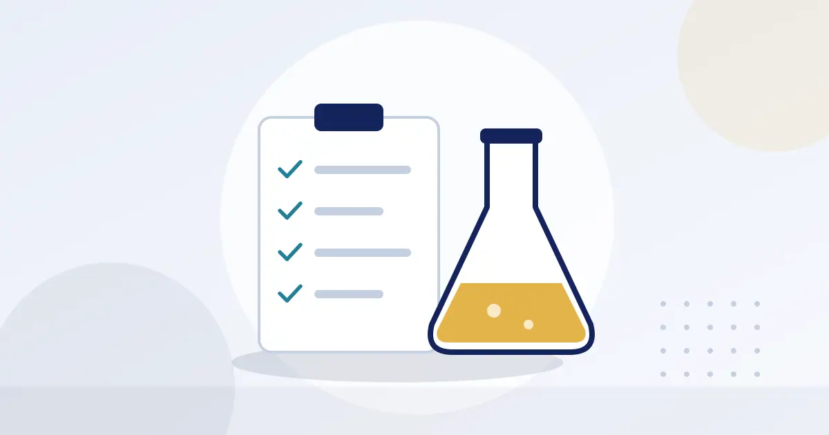 Illustration of a quality checklist next to a laboratory flask