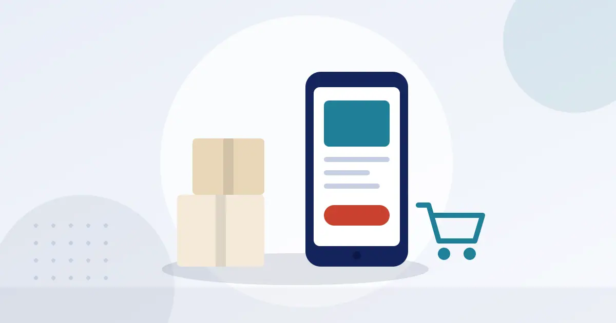 Illustration of parcels, a smartphone shopping screen and a shopping trolley