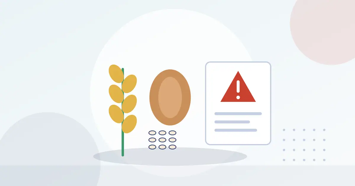 Illustration of wheat, a nut and seeds beside a label with a warning symbol