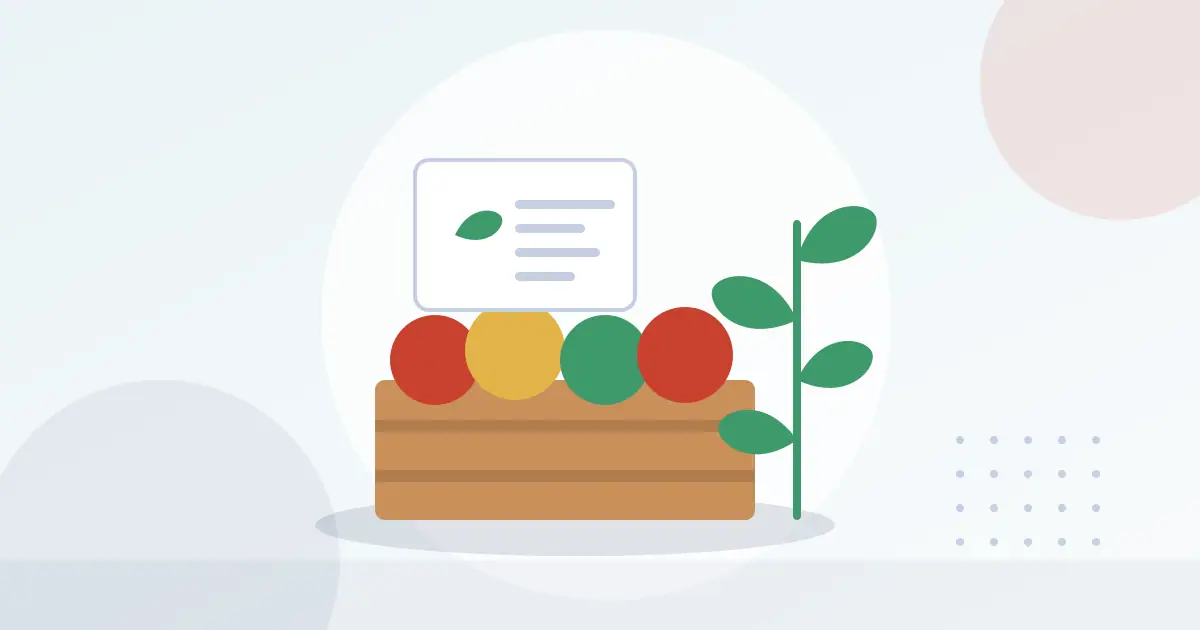 Illustration of a crate of fresh produce, a green sprig and a blank label