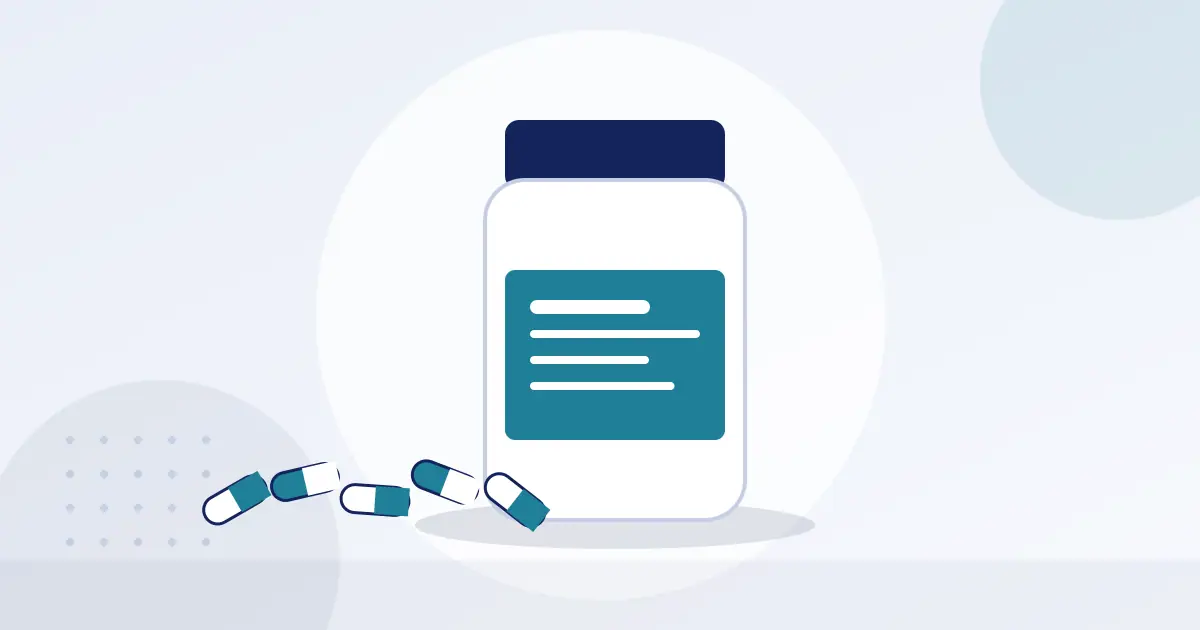 Illustration of a supplement bottle with capsules in front